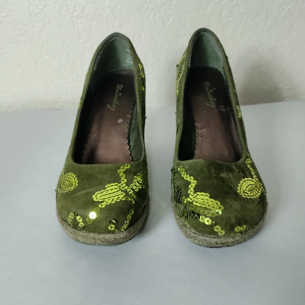 Unionbay BabyMe Olive Green Sequin Espadrille Wedge Pumps Womens 6M 6V8114